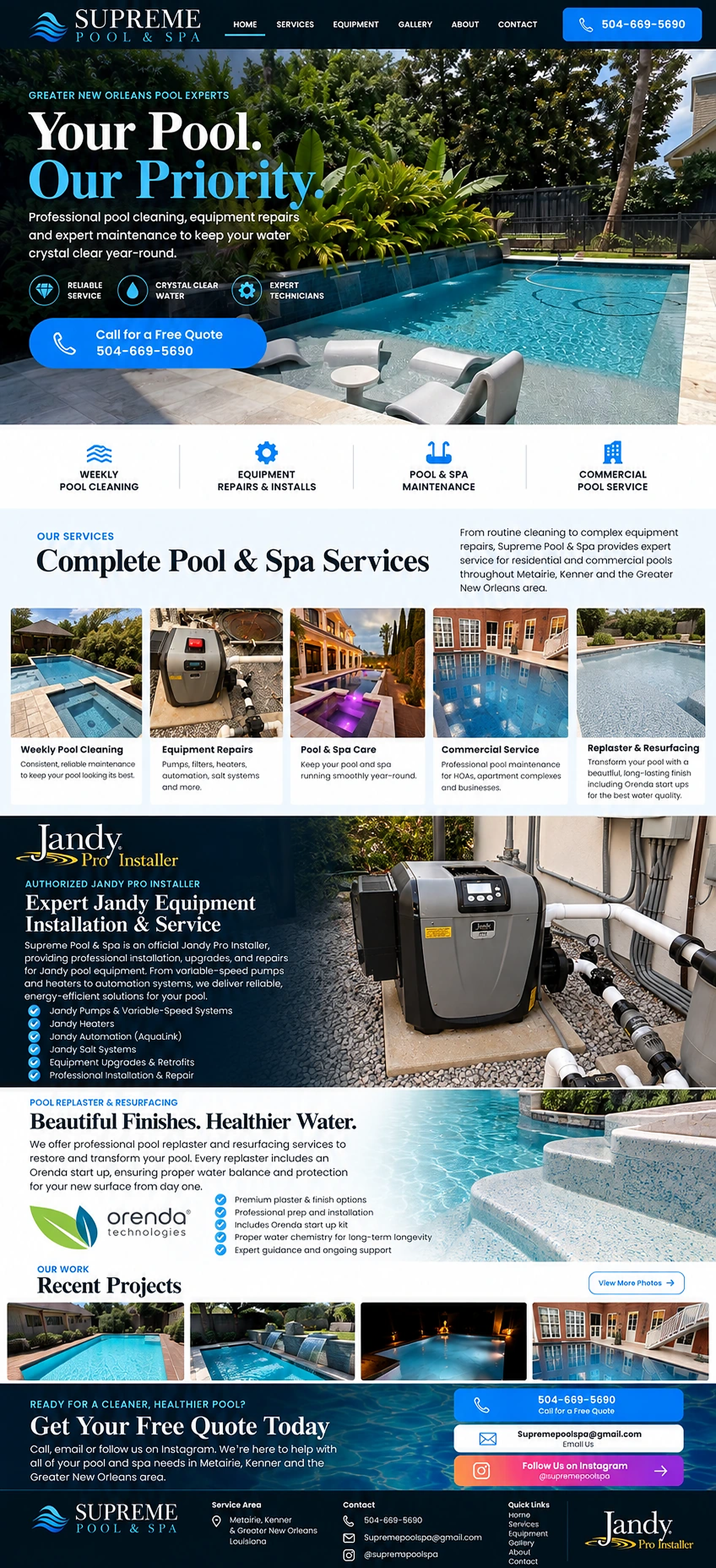 Supreme Pool & Spa homepage featuring Your Pool. Our Priority., five pool services, Jandy Pro Installer equipment installation, pool replastering with Orenda startups, recent projects, and contact information.